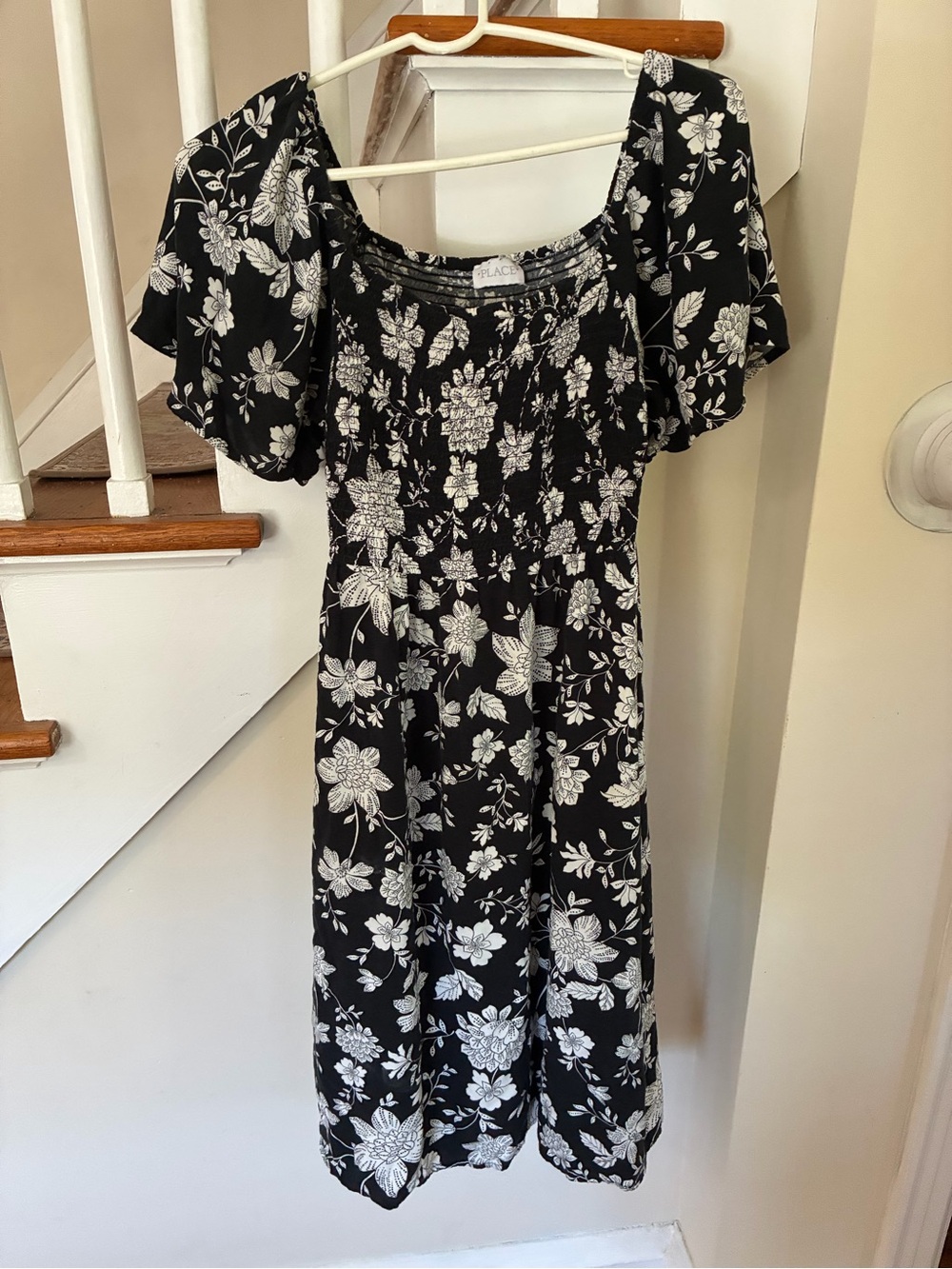 Place Black Floral Midi Dress with White Print